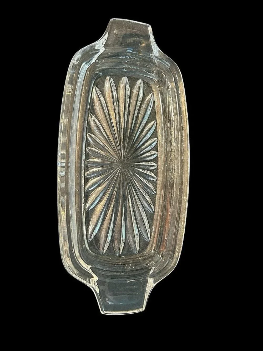 Vintage Cut Crystal Covered Butter Dish Handled Fan Diamond Star Design